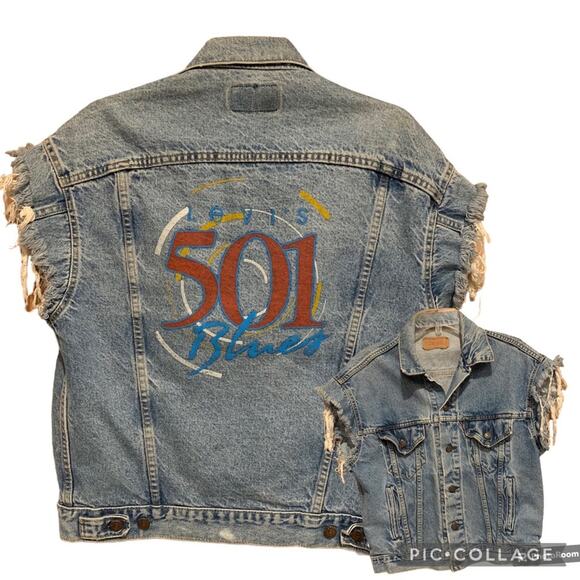 Levi's Retro Distressed Grunge Denim Screen Print 501 Button Front Vest Size M - Picture 1 of 16
